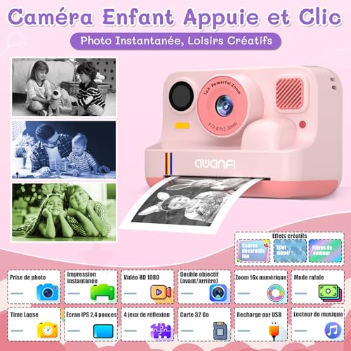 Instant Camera Child Gift Toy Girl Boy 3-12 Years, AWANFI Digital Video Camera 1080P 32GB Card with 3 Rolls of Paper and Bluetooth APP Printing