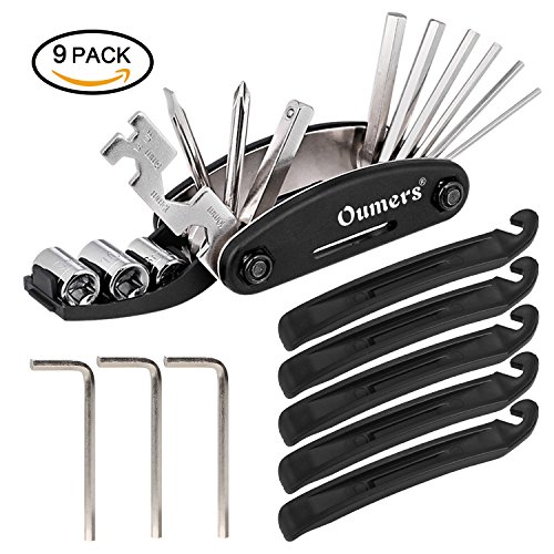 Oumers Bicycle Mechanic Repair Kit Set (Bike Tire Lever, Allen Keys, 16 in 1 Multi-Function Screwdriver Socket Wrench Kit,), Essential Bike Cycling Repair Tool Kit- 9Pack-Durable-Portable