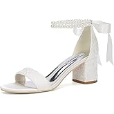 Jotwry Pearl Heels Wedding Shoes for Bride Block Heel Wedding Sandals Open Toe Bridal Shoes