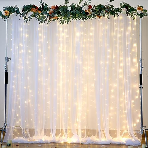 Suppromo Weißer Tüll-Hintergrundvorhang mit Lichterketten für Pariten, 6,8 x 2,4 m, durchsichtige Vorhänge, Hochzeit, Babyparty, Geburtstag, Party, Fotoshooting