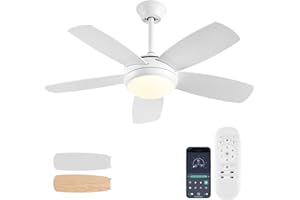 Ayaoty 42 inch White Ceiling Fans with Lights and Remote Control,Dimmable 3-Color Temperatures LED Ceiling Fan, Reversible, Noiseless, White Ceiling Fan for Bedroom, Indoor/Outdoor Use