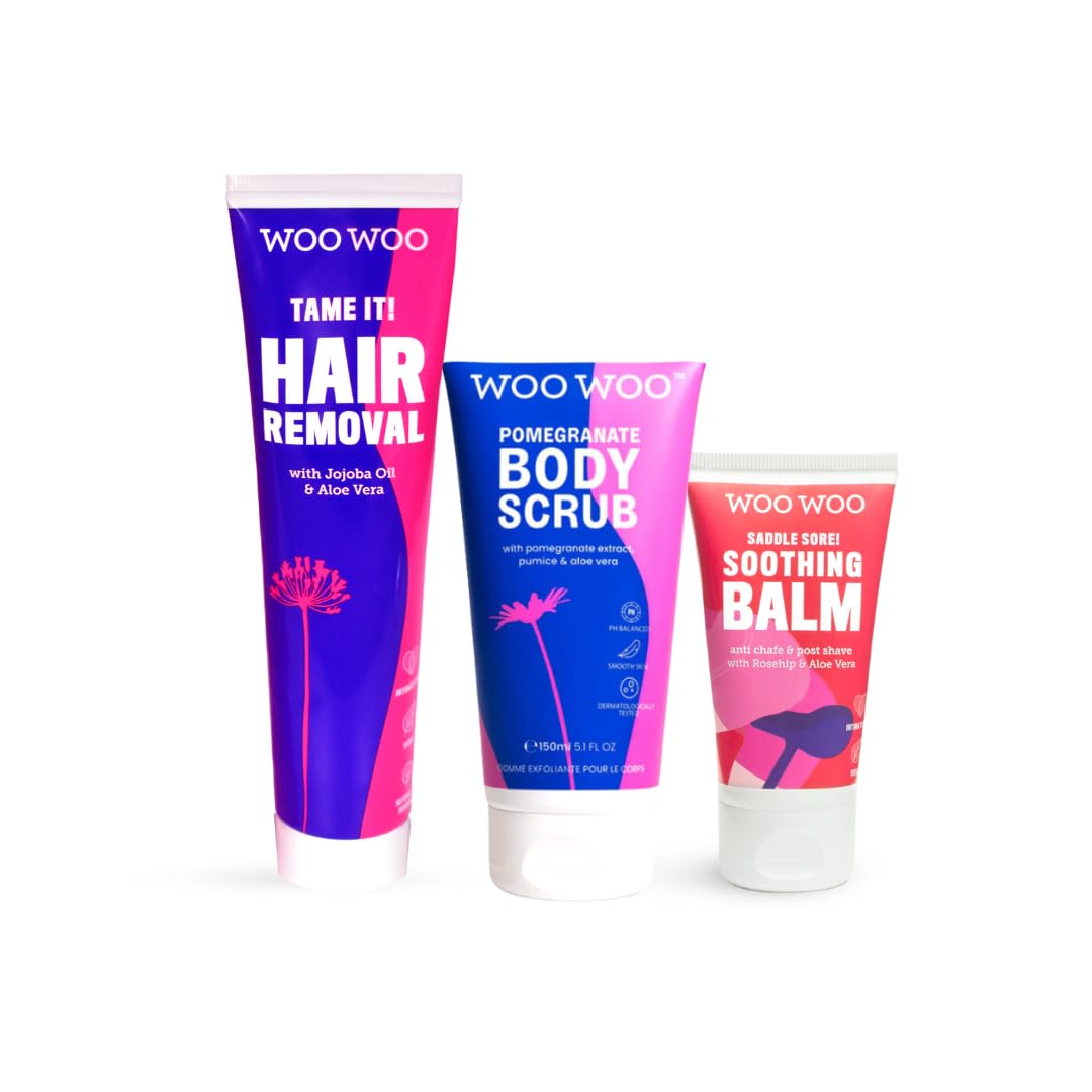 WooWoo The Bikini Babe Bundle - Tame It! Intimate Hair Removal Cream 100ml, Pomegranate Body Scrub 150ml and Saddle Sore Soothing Balm 50ml - Depilatory, Exfoliating Scrub and Moisturiser Set