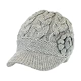 Cute Chunky Cable Knit Beanie Hat w/ Rosette Flower & Visor Brim, Winter Cap