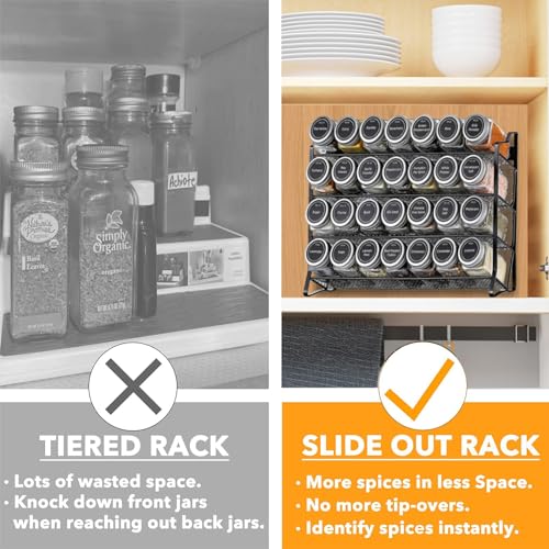 BOOM Spice Rack Organizer, 4-Tier Spice Organizer with 28 Empty Spice Jars and 432 Spice Labels, Organizer for Cabinet for Cabinet, Countertop, Pantry, Cupboard or Door & Wall Mount