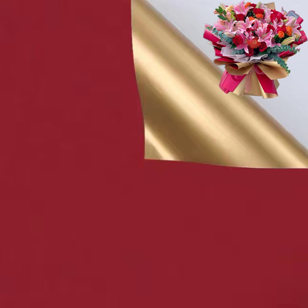 20 Sheets Double Sided Golden Flower Wrapping Paper,Wraps Waterproof Floral Wrapping Paper Florist Bouquet Supplies,DIY Crafts22.8X22.8 Inch (Wine red)