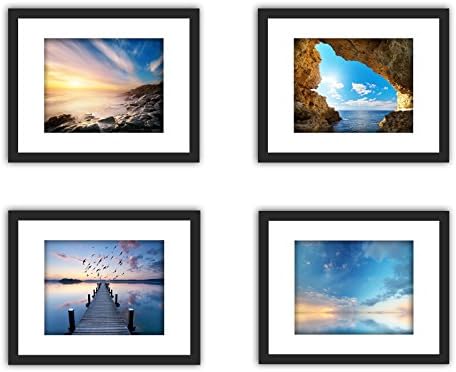 XUFLY 4Pcs 11x14 Tempered Glass Wood Frame Black, with 3X Mat Fit for 8x10 5x7 4x6 inch Family Photo Kid Picture, Desktop On Wall Vertical Horizontal Support Office Decoration Landscape Sea Sky Cave