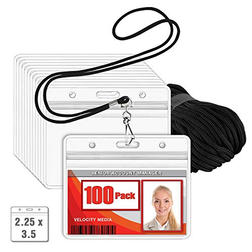 MIFFLIN Lanyard (Black, 2.25x3.5 Inch, 100 Pack) with Clear Plastic Horizontal ID Badge Holder, Heavy Duty Pouch with Soft, Woven, Neck Lanyards