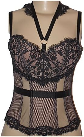 Victoria's Secret Halter Fishnet Crystal Lace Corset Bustier 36C Black Nude