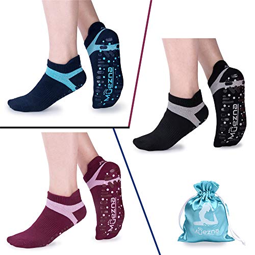Muezna Non Slip Yoga Socks for Women, Anti-Skid Pilates, Barre, Bikram Fitness Socks with Grips, Size 5-10 (3 Pack: (Black/Navy/Burgundy)+Two-color Grips)
