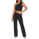 WXN Two Piece Sets for Women Summer Casual One Shoulder Crop Top Foldover Pants Set