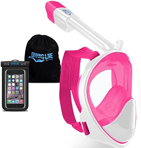 DivingLine Full Face Snorkel Mask with GoPro Mount | Anti-Fog Panoramic View | Built-In Top Snorkeling Tube | Adults and Kids | Adjustable Head Straps Includes Waterproof Phone Case (White/Pink, S/M)