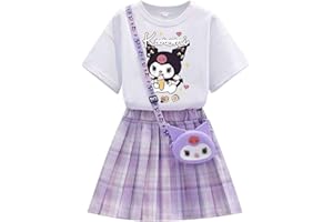 RUURHUO Cartoon Girls Outfits 3 Piece Set Short Sleeve T Shirt + Pleated Plaid Skirt with Crossbody Bag Kawaii Summer Clothes