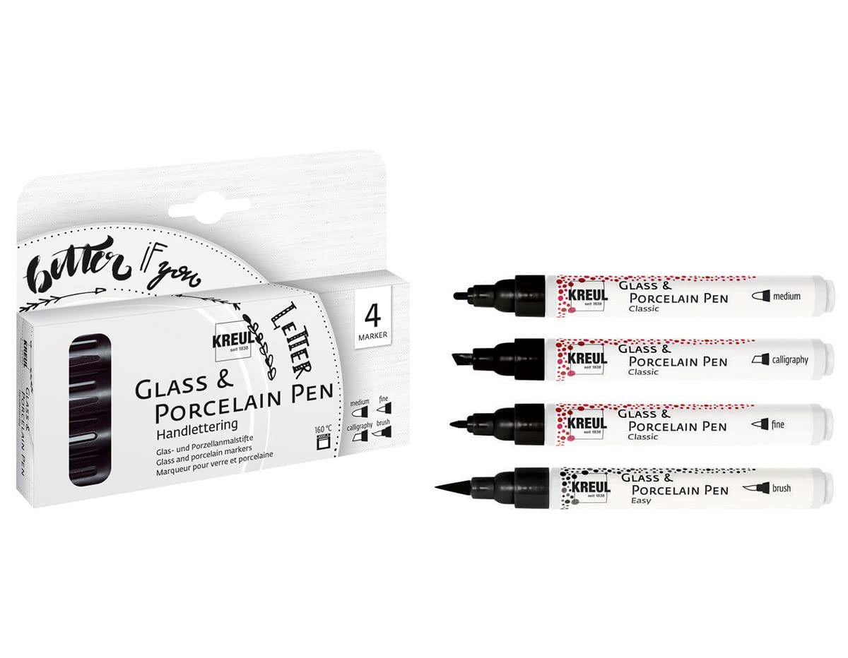 Kreul 16480 - Glass & Porcelain Hand Lettering Pen, 4 Black Pens with Different Tips and Line Widths, Brilliant Glass and Porcelain Painting, Ideal for Beautiful Writing