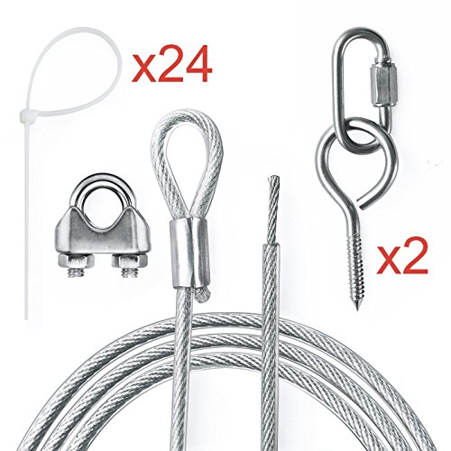 SUNTHIN 60Ft Outdoor String Light Suspension Hanging Kit Outdoor Light Guide Wire Galvanized Steel Cable Zip Ties Turn Buckles Wire Crimp Screw Hooks Include