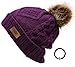 Women's Winter Fleece Lined Cable Knitted Pom Pom Beanie Hat with Hair Tie.(Purple)