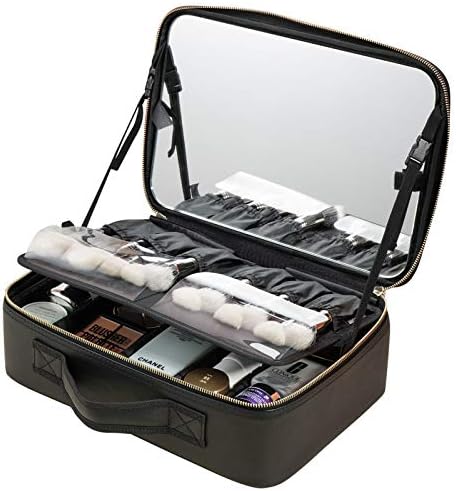 Rownyeon Makeup Box with Mirror, Cosmetic Storage, Dresser, Large Capacity, Cosmetic Storage Box, Divider, Makeup Brush Storage Case, Freestanding PU Leather, Luxurious, Tabletop Makeup Organizer Bag, Portable, Professional Makeup Artist