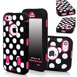 QIBOX Armor Hybrid Polka Dot Soft Silicone PC Hard Back Case Cover for Apple iPhone 5C - Black + White + Hot Pink