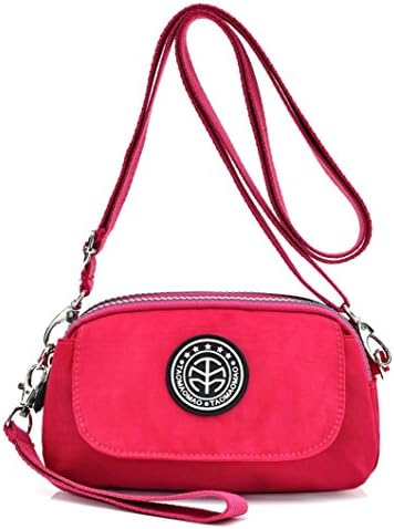 Women's Casual Water-resistant Nylon Wristlet Purse 3 Layers Zipper Clutch Wallet Handbag Small Cell Phone Crossbody Shoulder Bag (Fuschia)