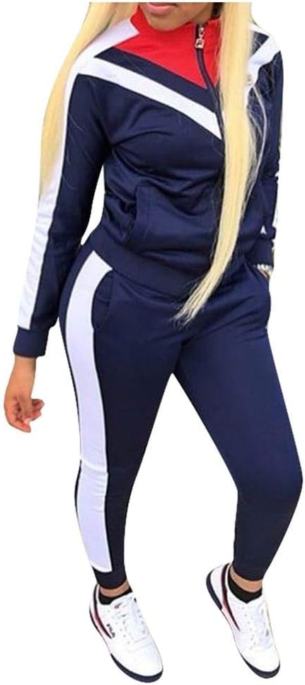 Womens Casual 2 Piece Outfit Long Sleeve Zipper Windbreaker Sweatshirt and High Waist Long Pants Set Sportswear