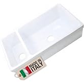 Highpoint Collection White Farmhouse Sink, 36" Farm Kitchen Sink, Fireclay | Apron Front, 90/10 Double Bowl, Reversible, Undermount, Made in Italy, Sturdty, Scratch Resistant, Easy to Clean HP-FC9010-W