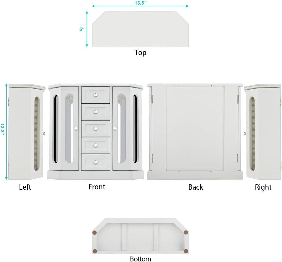 RR ROUND RICH DESIGN Jewelry Box - Made of Solid Wood with Cabinet Type 5 Drawers Organizer and 2 Separated Open Doors on 2 Sides and Large Mirror White: Home & Kitchen