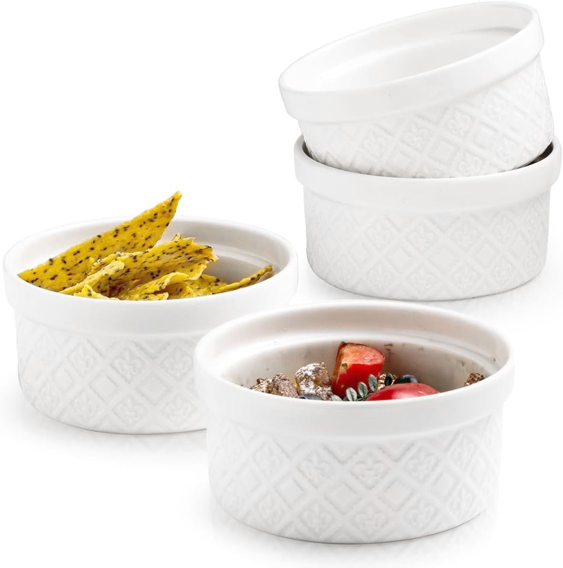 Photo 1 of Ramekins 12 oz, Ramekin for Creme Brulee, Souffle, Dipping Sauce, Ceramic Embossment Housewarming Gift - 4.5 inch, Set of 4, Arctic White