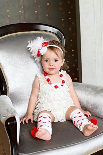 Baby girls outfit (4pcs): Romper, leg warmers, necklace, headband; White and Red
