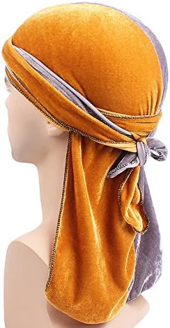 Wcysin Velvet Durag Hip-hop Cap Long Tail Wide Straps Chemo Turban Durag Hat (Yellow and Grey)
