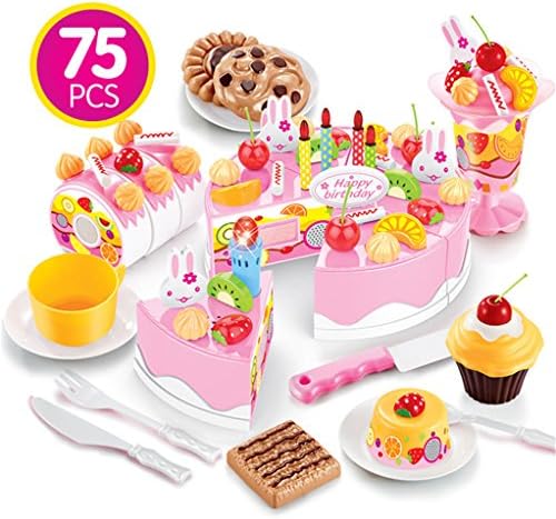 DIY cut birthday cake dessert pretend to play girls pink children plastic birthday present candle kitchen kitchenware toys (pink 75PCS with sound and light)