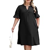 Celkuser Plus Size Summer Casual Shift Dress for Curvy Women V Neck Ruffled Sleeves Loose Shirt Dresses with Pockets 2025