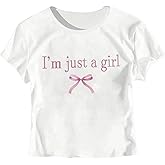 RoseSeek Girl's Graphic Tee Crew Neck Letter Bow Print Crop Tops Casual Cute Short Sleeve T Shirt