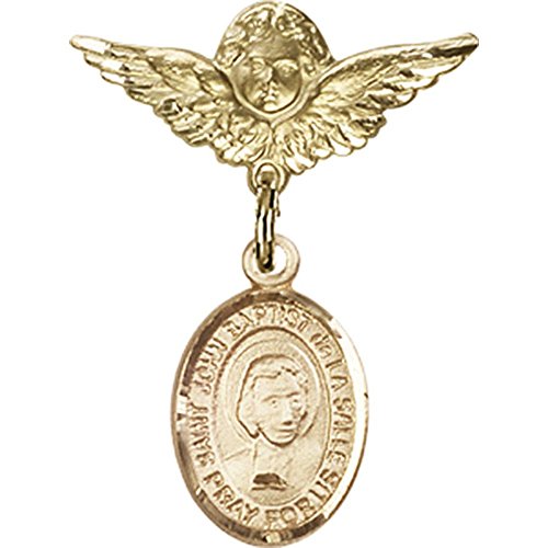 14kt Yellow Gold Baby Badge with St. John Baptist de la Salle Charm and Angel w/Wings Badge Pin 1 X 3/4 inches