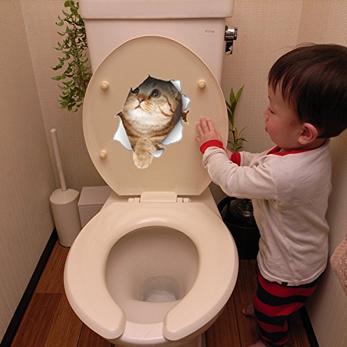 Greatstar DIY 3D Through The Wall Lovely Dog&cat Fridge Stickers Bathroom Toilet Cover Water Tanks Decal (Cat2)