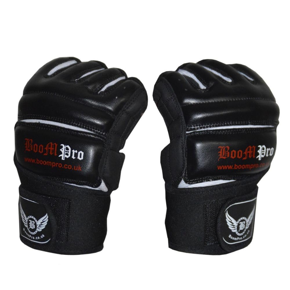 Fingerless Combat Gloves UniSex - MMA Training Gloves Weight Lifting - Leather Punch Bag Mitts Kick Boxing -Wrist Support Gel Padding on knuckles Sweat Proof Cycling (Black, XL)