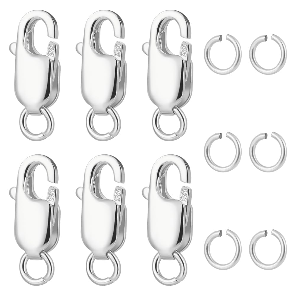 Beebeecraft 6 Sets Sterling Silver 925 Lobster Claw Clasps with Jump Rings, Silver 925 Lobster Clasps Necklace Bracelet Jewelry Clasps Connector for Jewelry Making Necklace Bracelet Diy Making(10.5mm)
