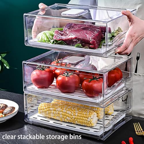 Clear Stackable Fridge Organizers & Storage XVersion 2PCS Large Fridge Storage Containers with Draining Tray - Organizer Boxes for Vegetables & Fruits (V2)