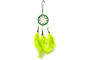 MIA JEWEL SHOP Small Dream Catcher Natural Feather Multicolored Beaded Dangle Hanging Ornament - Handmade Gifts Boho Home Room Decor Accessories (Lime Green)