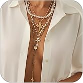 Long Pearl Cross Pendant Chain Necklace for Women Dainty Layered Gold Pearl Beaded Cross Long Y-Shaped Necklaces Fashion Jewelry Accessories for Women