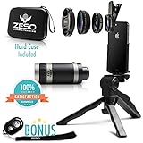 Camera Lens Kit by Zeso | Professional Telephoto, Macro &amp; Wide Angle Lenses | Multi-use tripod And Selfie Remote Control | For iPhone, Samsung Galaxy, iPads, Tablets | Universal Phone Clip &amp; Hard Case