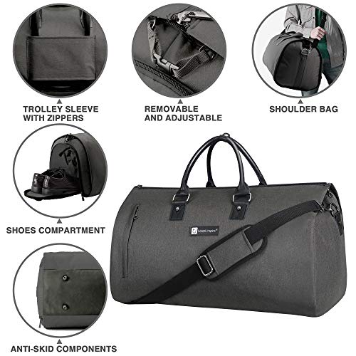 Large Garment Duffle Bag Convertible Fit Suit Weekend Travel Carrier with Quick Access Shoe Poch, Black - Thumbnail 5