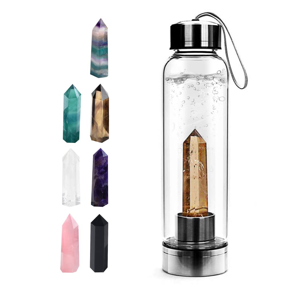 Tyuodna Crystal Quartz Glass Water Bottle, Healing Gemstone Bottle 550ml (Smoky Quartz)