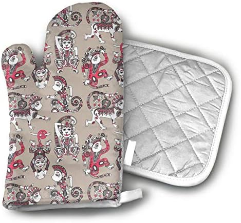 Ubnz17X Colored Animal Monkey Oven Mitts and Pot Holders for Kitchen Set with Cotton Non-Slip Grip,Heat Resistant
