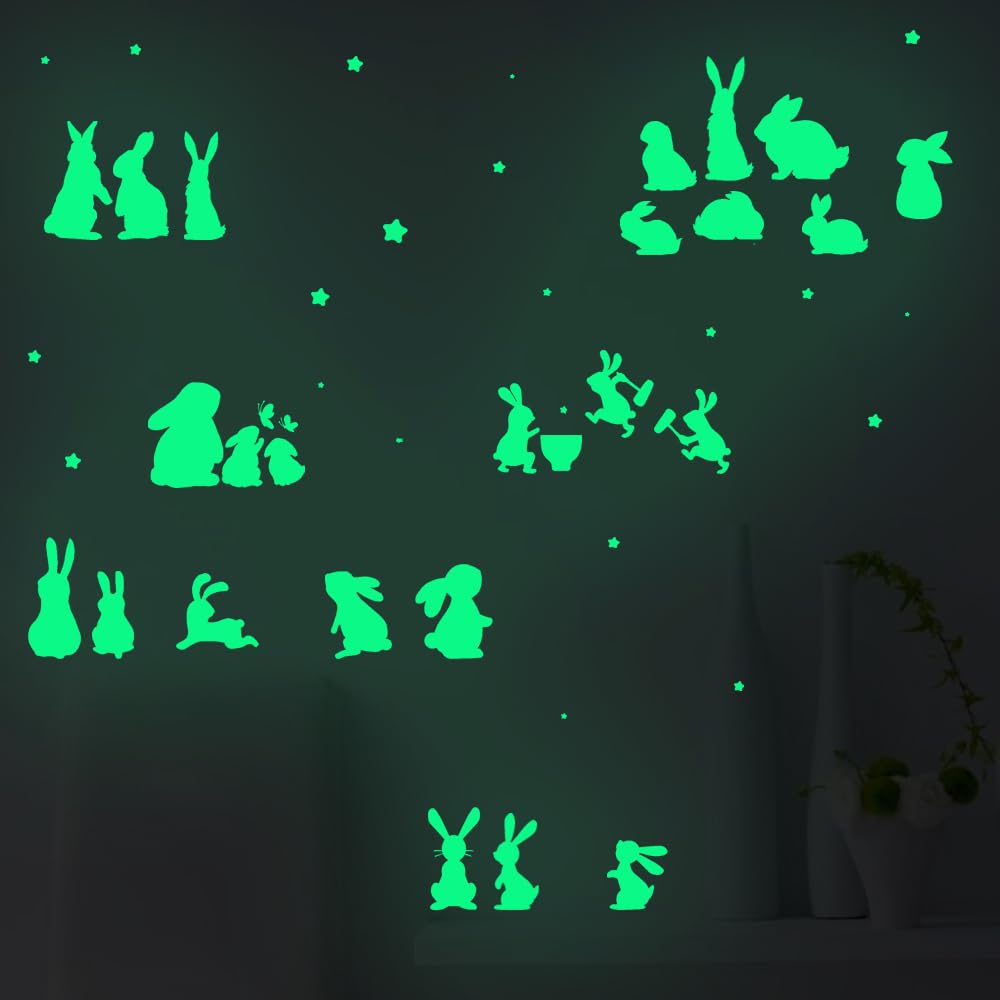 Glow in The Dark Rabbit Wall Decals,24pcs PET Lovely Bunny Wall Stickers for Kids, Bunny Wall Decals for Boys and Girls Room, Cute Easter Bunny Stickers for Kids