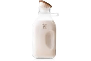 Almond Cow - Glass Pitcher with Lid and Spout, Glass Bottle Milk Container for Refrigerator, Clear Milk Jar Bottles, Food-Gra
