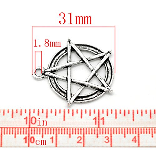 Housweety 20 Silver Tone Pentagram Round Charms Pendants 31x28mm