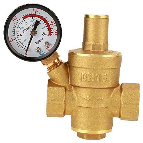 DEWIN Pressure Regulator, Pressure Reducer DN15 Brass Adjustable Water Pressure Regulator Hand Reducer with Gauge Meter