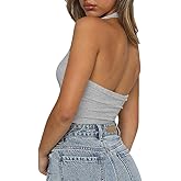 Artfish Women's Sexy Scoop Neck Halter Crop Top Backless Knit Rib Basic Cami Tank Tops