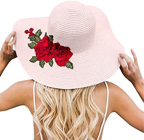 Women Flower Embroidery Foldable Floppy Wide Large Brim Sun Hats (One Size, Light Pink)