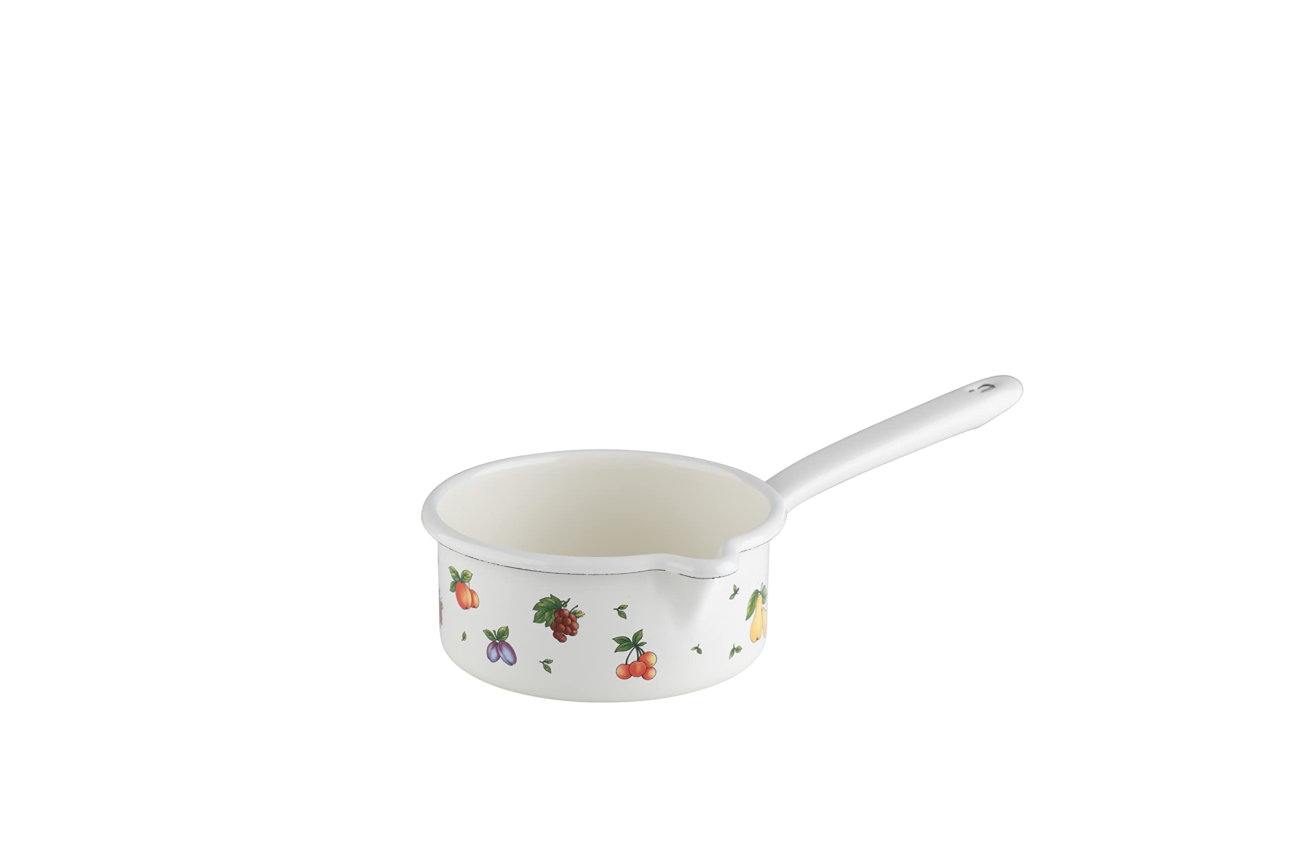 Riess, 0036-068 Saucepan with Large Spout 14 0.75 L, Country - Fruit Garden, Diameter 14 cm, Height 6.7 cm, Capacity 0.75 litres, White Enamel with Fruit Decoration, Induction
