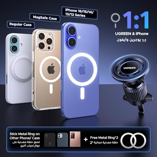 UGREEN MagSafe Car Phone Holder Magnetic Car Mount, [360° Rotation Super Stable], One-hand Auto Lock, No Blocking Air Vent Magnetic Mobile Holder, Fit for iPhone 17/16/15, Samsung S25/24/23/Z Flip